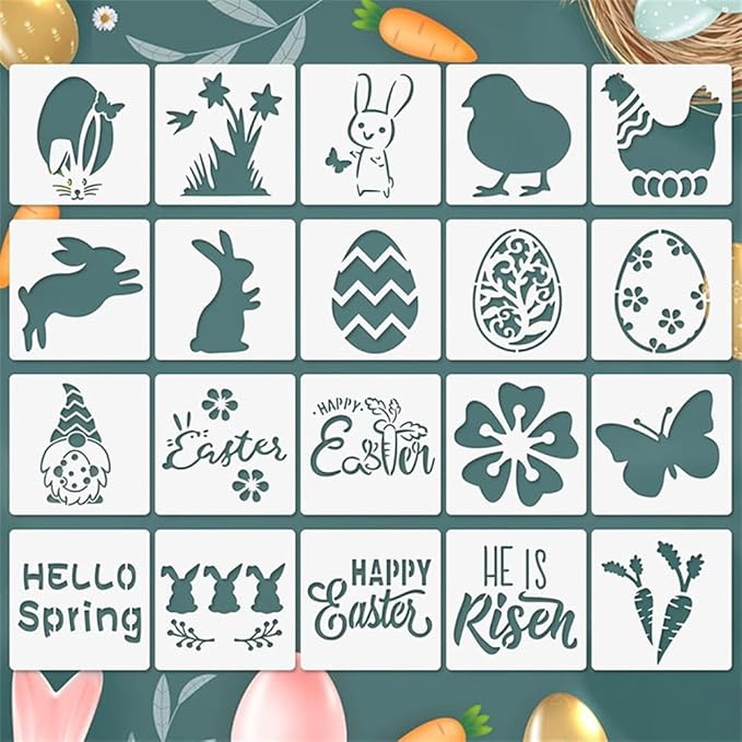 20 pcs Easter Stencils Reusable, 5x5 Spring Theme Stencils for Painting on Wood, Plastic Drawing Painting Spraying Template for Greeting Cards, Wall Window Door DIY Decoration (A-20PCS)
