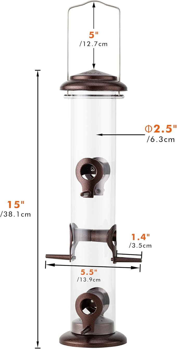 iBorn Metal Bird Feeder Hanging Wild Bird Seed Feeder for Mix Seed Blends Heavy Duty All Metal Coffee Finish,15 Inch 6 Port(Seed is not Included)