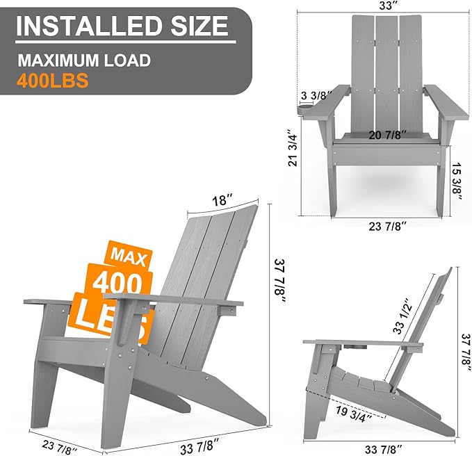 MXIMU Modern Adirondack Chair Weather Resistant with Cup Holder Oversized Fire Pit Chairs Adorondic Plastic Outdoor Chairs for Firepit Area Seating (Grey)