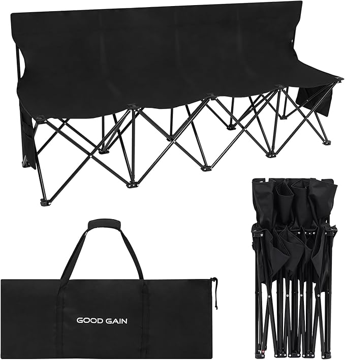 G GOOD GAIN Portable Soccer Bench - Team Bench Soccer 4 Seats with Bag, Sideline Folding Bench, Folded Chair Seating 4 for Football Camp Outdoor Sport Events, Team Chairs for Adults, Black