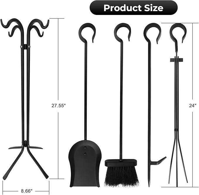 Fireplace Tools Set 5 Piece - Solid Wrought Iron Fire Place Tool Set with Stand, Heavy Duty Indoor Outdoor Fire Pit Accessories Kit, Stable X-Base Black