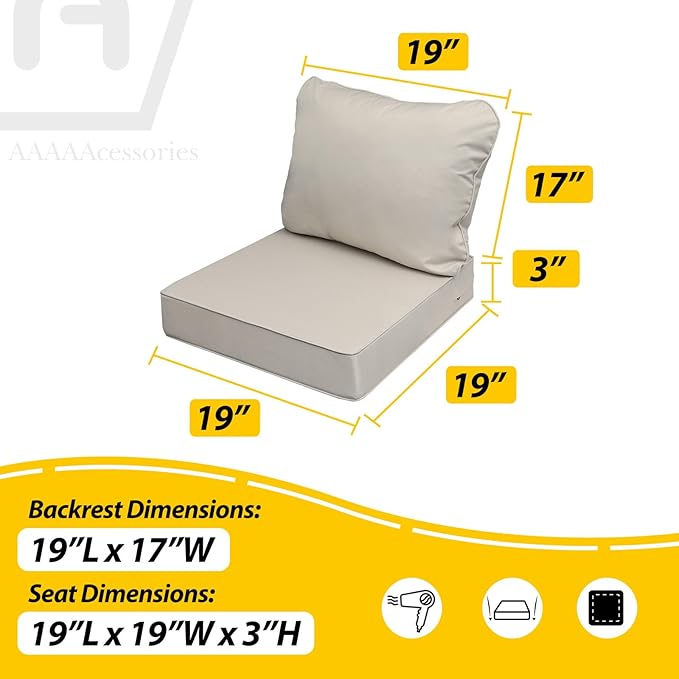 AAAAAcessories Outdoor Seat Cushions for Chairs, Fade-Resistant, Waterproof Patio Furniture Replacement Cushions, 19" x 19" x 3" + 19" x 17", Beige
