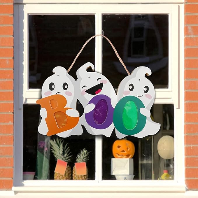 LOMIMOS Halloween Door Hanger Sign Decorations with Lights, Cute Ghost Welcome Sign for Front Door Porch Outdoor Indoor Hanging Wall Decor Farmhouse Holiday Decor