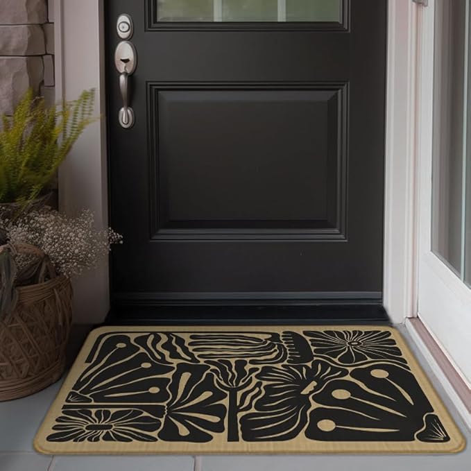 Boho Beige and Black Floral Door Mat - Bohemian Neutral Floral Front Door Welcome Mats Outdoor Entrance, 17x30 Rug