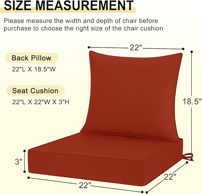 downluxe Outdoor Chair Cushions 22x22 with Removable Cover, Waterproof Patio Furniture Cushions, Deep Seat Cushions for Outdoor Furniture with Backrest for Sofa, Couch and Patio Chairs, Brick Red
