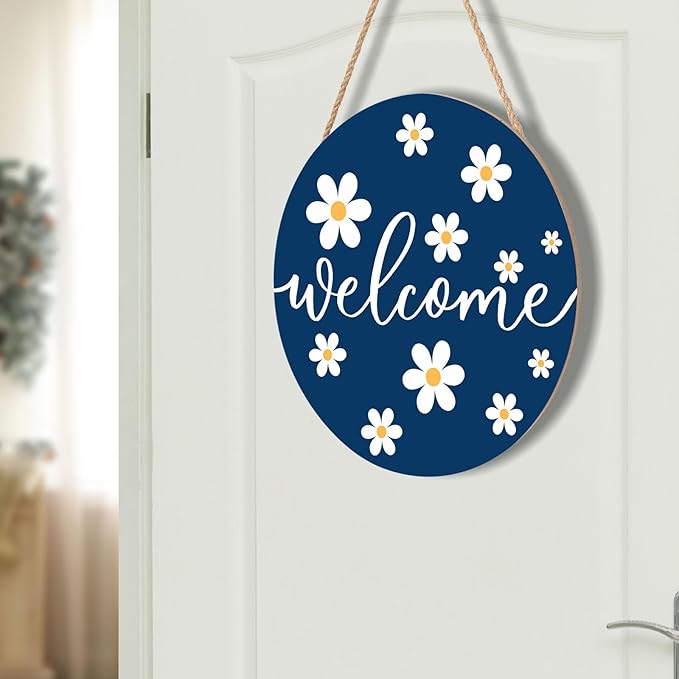 Spring White Daisy Flower Door Sign For Front Door Decor,Daisy Welcome Blue Wooden Sign 12"x 12" Round Spring Hanging Door Sign Decoration for Wall Rustic Decor