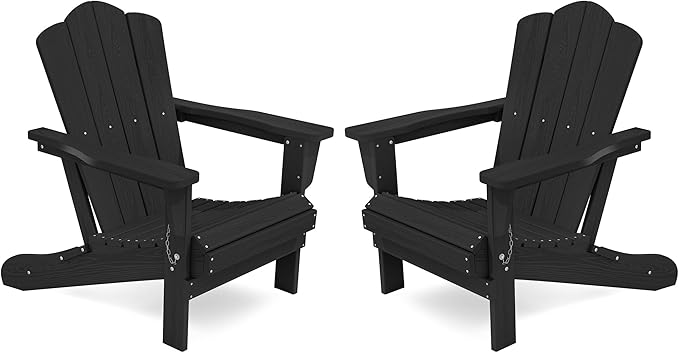 KINGYES Folding Adirondack Chair Set of 2, HDPE All-Weather Patio Chairs, Wooden Textured Lawn Chair for Poolside, Backyard, Deck, Fire Pit, Black
