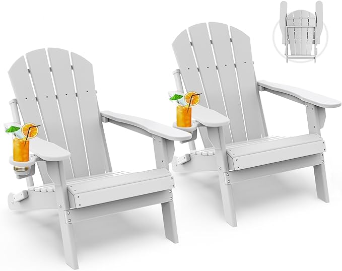 GREENVINES Folding-Adirondack-Chairs-Set-of-2 | HDPE Plastic | Fire Pit Chair | All Weather | Cup Holder | White | for Deck Backyard Patio Outdoor Garden