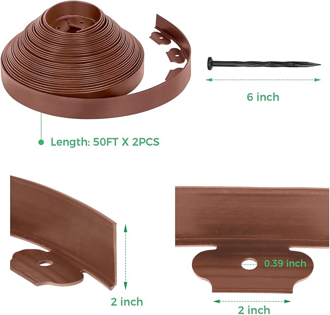 2-Inch x 100 FT Landscape Edging Border with 150 Spikes, Plastic Edging for Landscaping Garden Edging Border, Flexible Landscaping Edging for Garden Flower Beds Yard Lawn Pathway Paver (Brown)