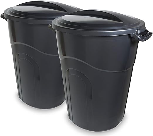 United Solutions 32 Gallon Outdoor Waste Garbage Bin, Easy to Carry Pass-Through Handles & Attachable Click Lock Lid, Black