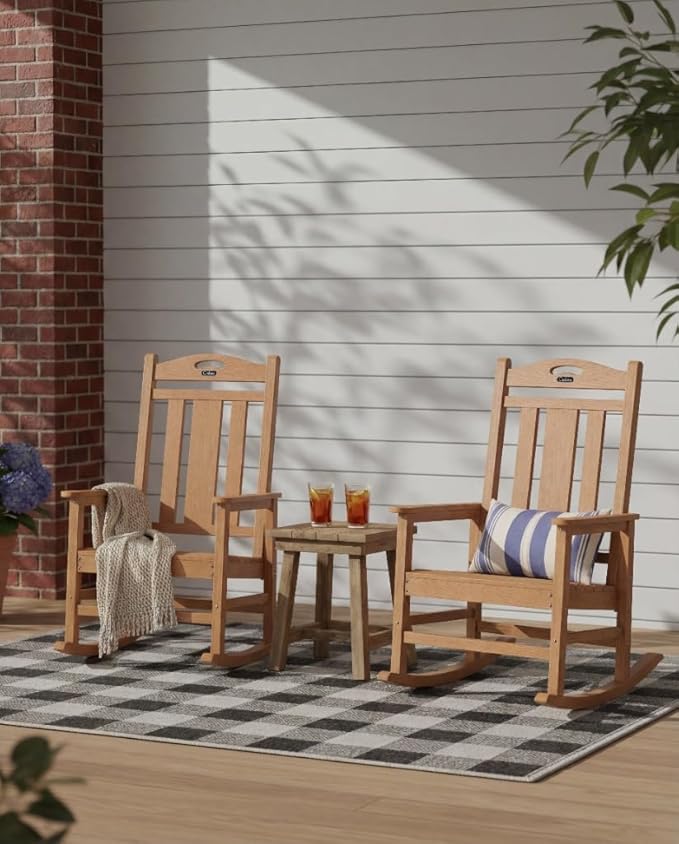 Ciokea Oversized Outdoor Rocking Chair, 380lbs Heavy-Duty Large Patio Rocker, Weather Resistant & Anti-Fade Porch Chair, High Back Cozy Rocking Chair for Outside, Fire Pit, Deck, Garden, Teak
