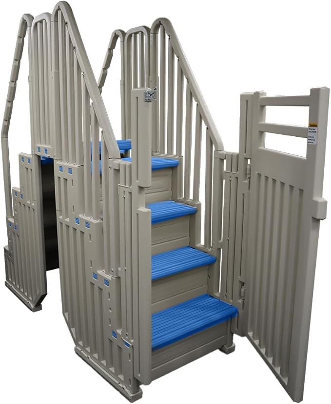 Confer Plastics Step Enclosure System: Above Ground Entry System, Dual Handrails, Slip-Resistant Steps, Supports 400 lbs, Easy Install – Made in USA, Warm Grey with Blue Step-1X Treads