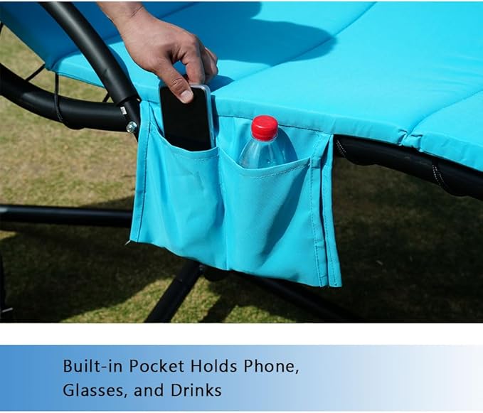 Outdoor Hanging Lounge Chair Cushion with Umbrella – High-Resilience Sponge, Side Pocket, Fade-Resistant, Patio Curved Chaise Hammock Swing Lounger Cushion Pad（Sky Blue）