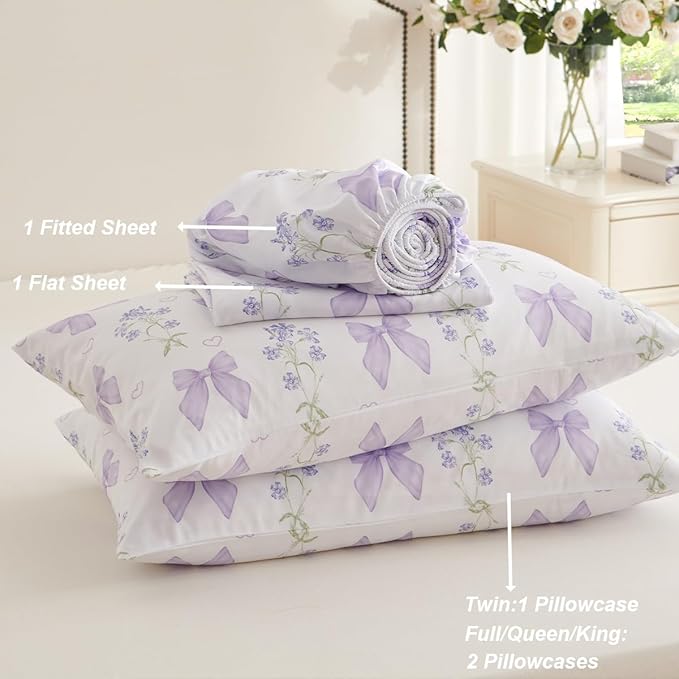 Purple Bow Sheet Set Twin Garden Floral Fitted Sheet Set for Girls Kids Soft Microfiber Fitted Flat Sheets & Pillowcases Cute Princess Style Bowknot Bedding Sets Toddlers 3 Pieces