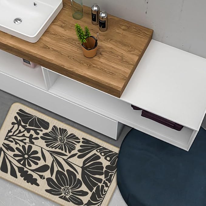 Boho Beige and Black Floral Door Mat - Bohemian Neutral Floral Front Door Welcome Mats Outdoor Entrance, 17x30 Rug