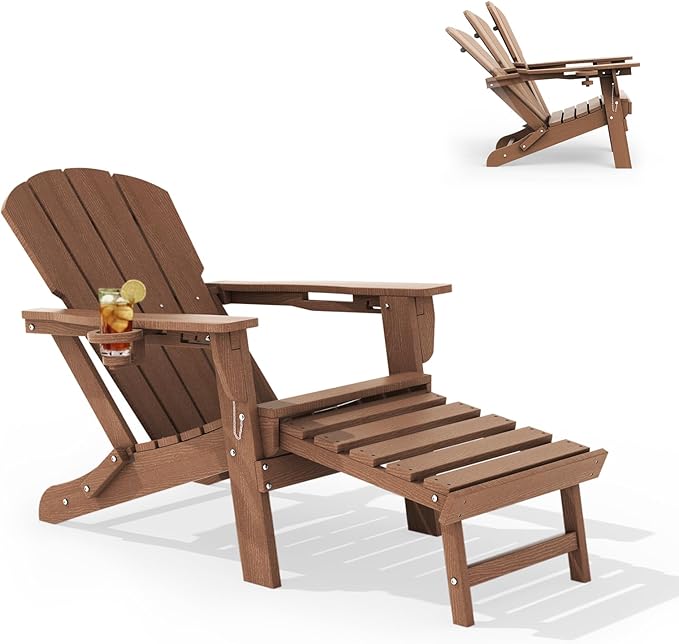 LOUNZY Folding Adjustable Adirondack Chair with Retractable Ottoman, HDPE Recliner Adirondack Chair with Cup Holder for Deck Lawn Fire Pit, Brown