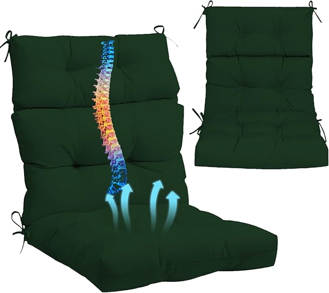 Outdoor High Back Chair Cushions 2-Pack, 44"x22"x 4" Fade-Resistant Waterproof Tufted Pads with Ties for Patio Rocking & Adirondack Chairs (Dark Green)