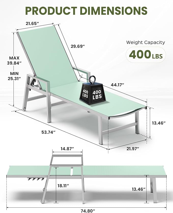 Patio Chaise Lounge Chair Outdoor with Wheels&Armrests, Aluminum Pool Lounge Chairs 5-Position Adjustable Recliner, Outdoor Beach Lounge Chairs for Poolside, Patio, Deck, Yard, Light Green