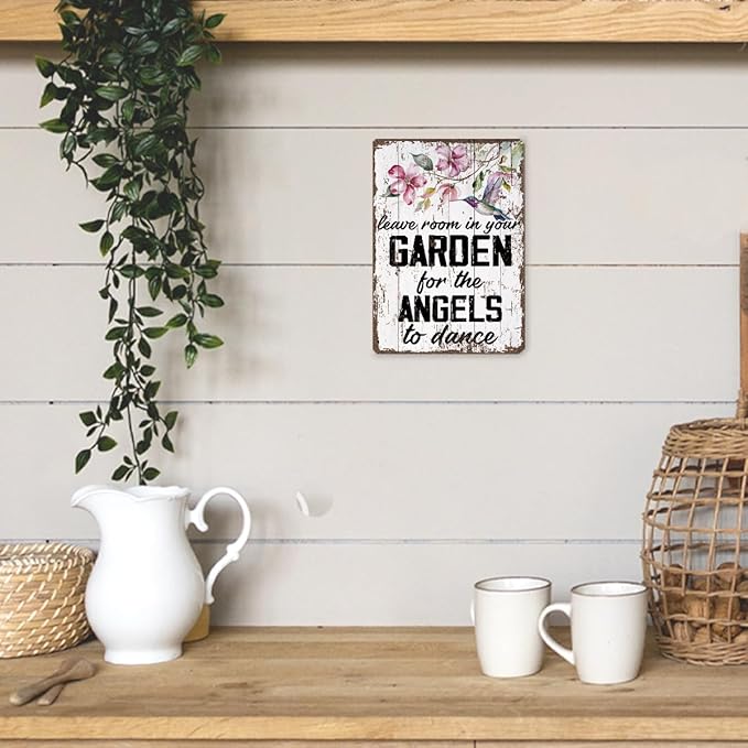 Metal Garden Sign, Leave Room in Your Garden for the Angels to Dance Sign, Decorative Wooden Wall Plaque, Cottage Yard Balcony Decor, Outdoor Vintage Metal Tin Signs 11.8 * 7.9inches