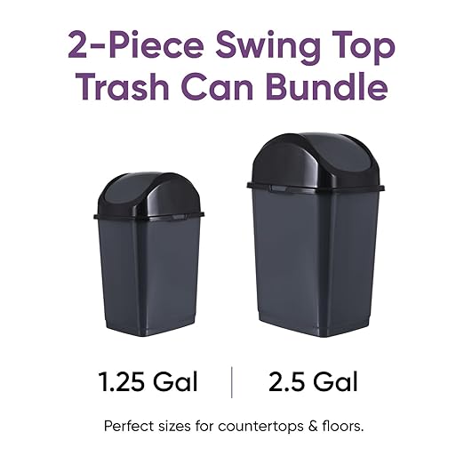 Superio Mini 1.25 Gallon and Small 2.5 Gallon Plastic Trash Cans with Swing Top Lid, Grey Waste Bin for Countertop, Desk, Vanity, Bathroom, 2 Pack (Grey)