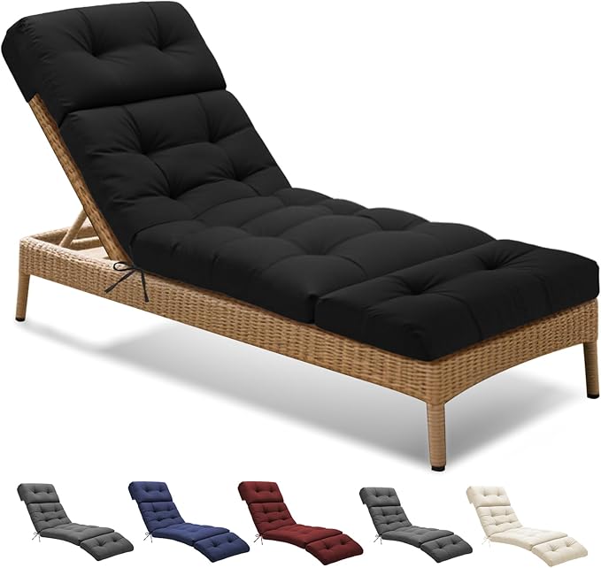 Outdoor Chaise Lounge Chair Cushion 74.4 x 22 x 4.7 Inches Non-Slip Lounge Chair Cushions for Outdoor Furniture with Ties, Patio Recliner Thickened Lounge Cushions for Indoor, Black