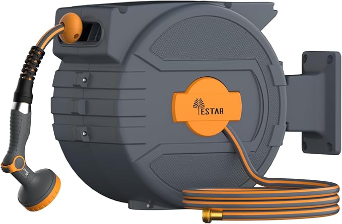 Retractable Garden Hose Reel 1/2 in x65 ft, Garden Water Hose Reel with 10- Function Sprayer Nozzle, Any Length Lock/Automatic Slow Return System,180° Swivel Bracket