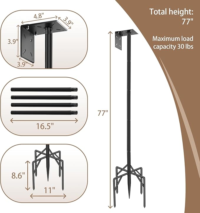 77 Inch Heavy Duty Smart Bird Feeder Pole for Outdoors with 5-Prong Base and 2 Plates, Rust-Proof Metal Wild Bird Feeder Stand/Post, Adjustable Birdhouse Pole, Weather Station Mounting Kit