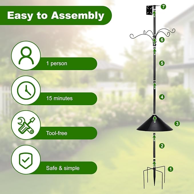 Bird Feeder Pole, 93 Inch Heavy Duty Birdhouse Pole with Squirrel Proof Baffle and 4 Hooks, Adjustable Wild Bird Feeding Station Hanging Pole for Outdoors, Yard, Garden Decor (Without Birdhouse)