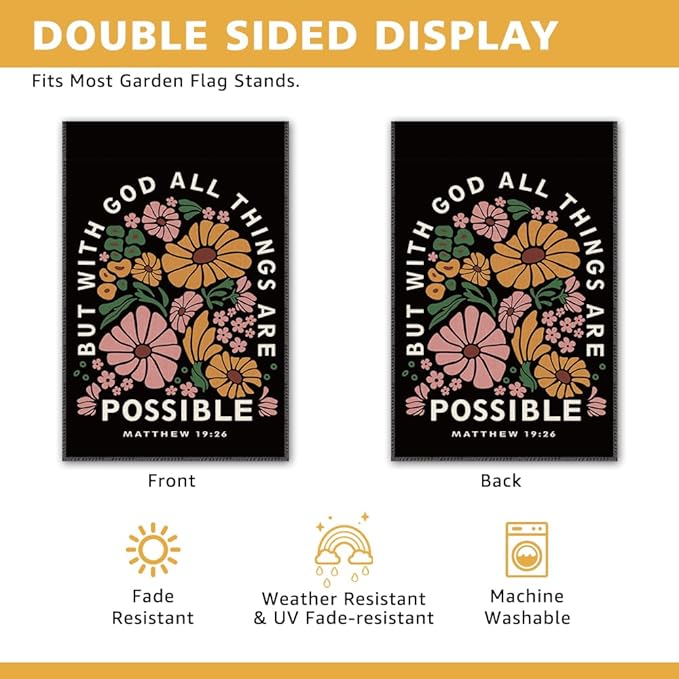 But With God All Things Are Possible Garden Flag, Religious Spring Garden Flag for Outside, Matthew 19:26 Double Sided Farmhouse Lawn Porch Yard Banner, Christian Gifts for Mom Family Neighbor