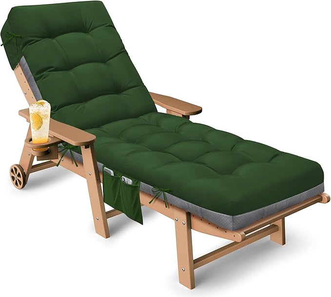 Outdoor Lounge Chair Cushion, Waterproof Replacement Chaise Lounge Cushions for Outdoor Furniture Thickened 71 x 22 x 4.7 Inches Non-Slip Patio Pool Lounge Chair Cushions with Ties (Green)