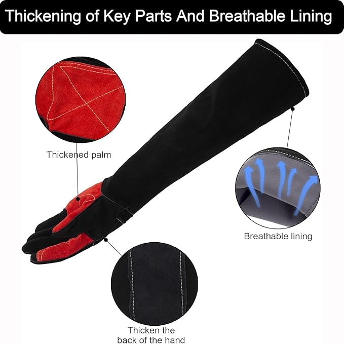 23.6" Inch Long Sleeves Welding Safety Gloves, Heat Resistant Stove Fire And Barbecue Gloves, Bite Proof Animal Handling(Black)