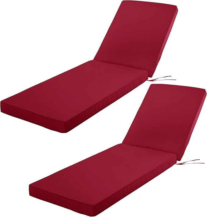 Outdoor Chaise Lounge Cushion Set of 2, Fadesafe Water-Repellent Lounge Deck Reclining Chair Cushions for Patio Furniture Lawn Pool Resort Hotel, 72x21x3 Inch, Burgundy