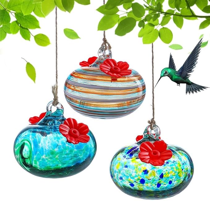 3PCS Small Glass Hummingbird Feeders for Outdoors 3inch Hand Blown Glass Humming Bird Feeder for Window Hanging Ant and Bee Proof Humming Birds Feeders
