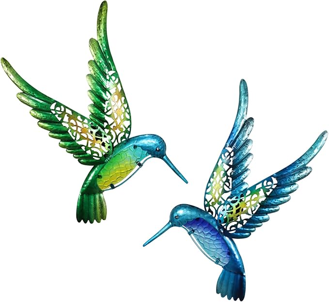HONGLAND Metal Hummingbird Wall Art 15inch Metal Birds Wall Sculpture Garden Decoration Outdoor Statue Patio Fence Hanging Plaques 2 Pack