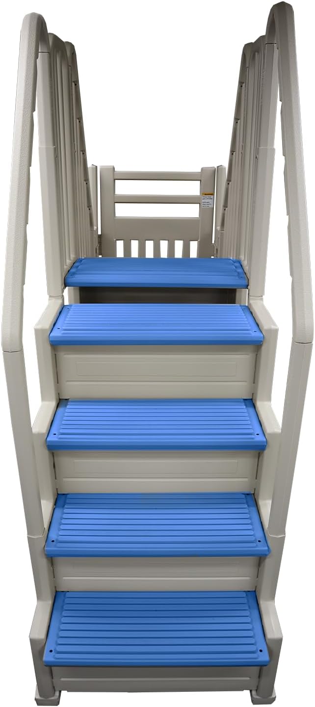 Confer Plastics Step Enclosure System: Above Ground Entry System, Dual Handrails, Slip-Resistant Steps, Supports 400 lbs, Easy Install – Made in USA, Warm Grey with Blue Step-1X Treads