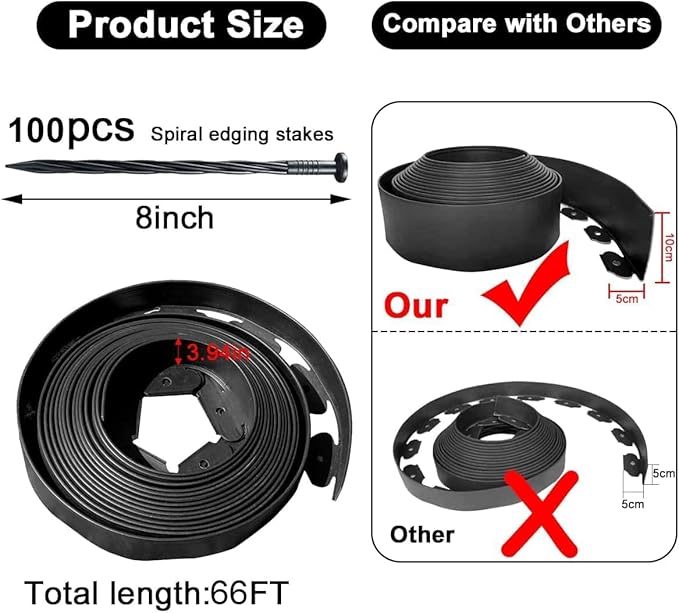 Garden Edging Borders 66FT,Landscape Edging Black[Extra Tall 4IN High] with 100pcs Stakes,Lawn Edging Border Flexible Garden Edge Plastic Fence for Tree,Flower Bed,Landscaping,Yard