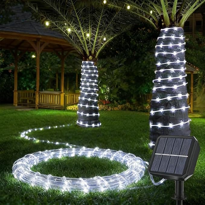 Solar Fairy Lights 33Ft 100 LED Rope Lights for Outside 8 Modes White Fairy Light Solar Outdoor for Patio Fence Party Garden Yard Home Holiday Tree Decoration.
