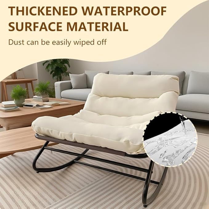 Outdoor Papasan Rocking Chair with Cushion, Oversized Patio Lounge Rocker, Heavy Duty 350 lbs Capacity, Comfortable Indoor & Outdoor Chair for Garden, Lawn, Bedroom, Living Room, White