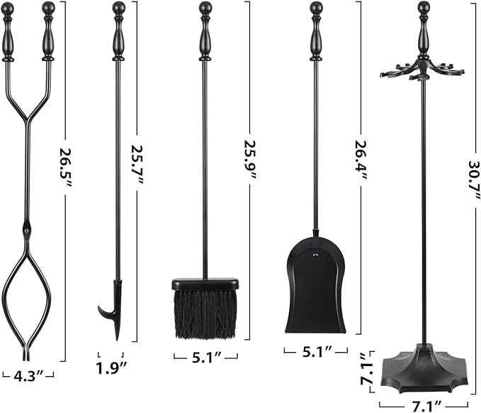 JupiterForce 5 Pieces Fireplace Tools Set Indoor Outdoor 31" Wrought Iron Large Fire Place Set Tools, Fire Pit Tools with Poker Shovel Tongs Brush and Stand, Black