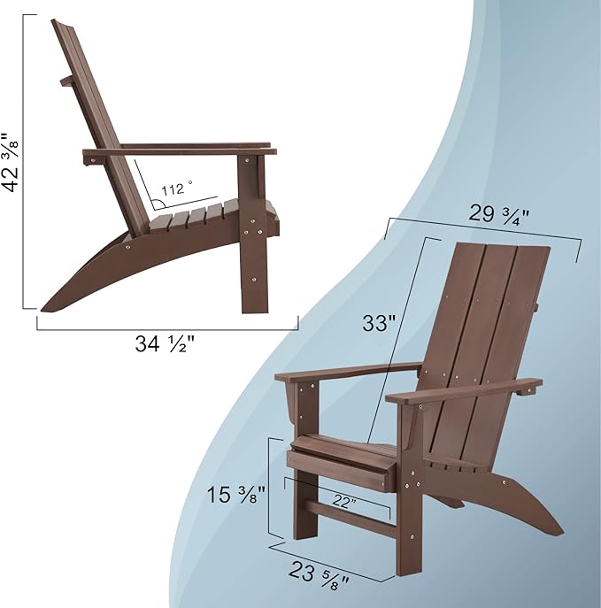 Psilvam Modern Adirondack Chairs Set of 2, Oversized Poly Lumber Fire Pit Chair, 350 Lbs Support Patio Chairs for Garden, Weather Resistant Adirondack Chair Looks Like Real Wood (Brown)
