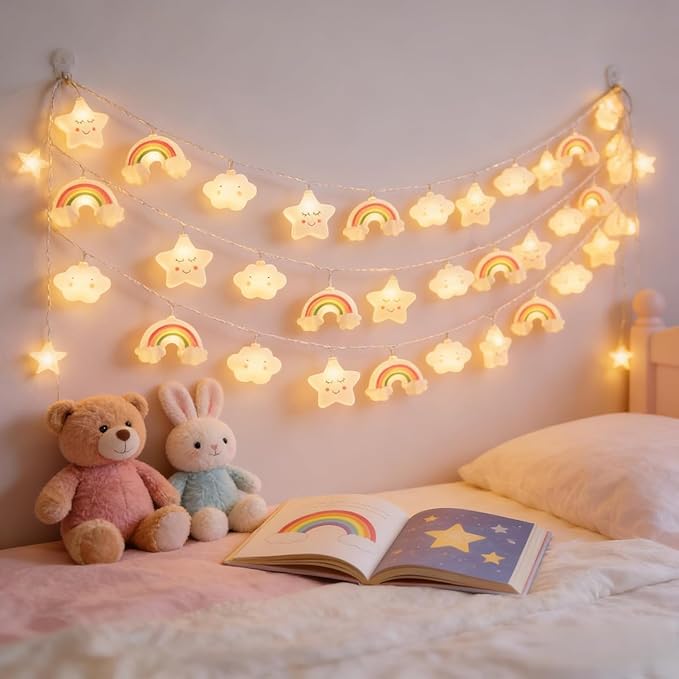 Star Cloud Rainbow Fairy Lights 9.8FT 20 LED Lights with Battery Operated Warm White Fairy String Lights for Holiday Party Bedroom Wedding Garden Decoration (Stars Clouds Rainbows, 9.8FT)