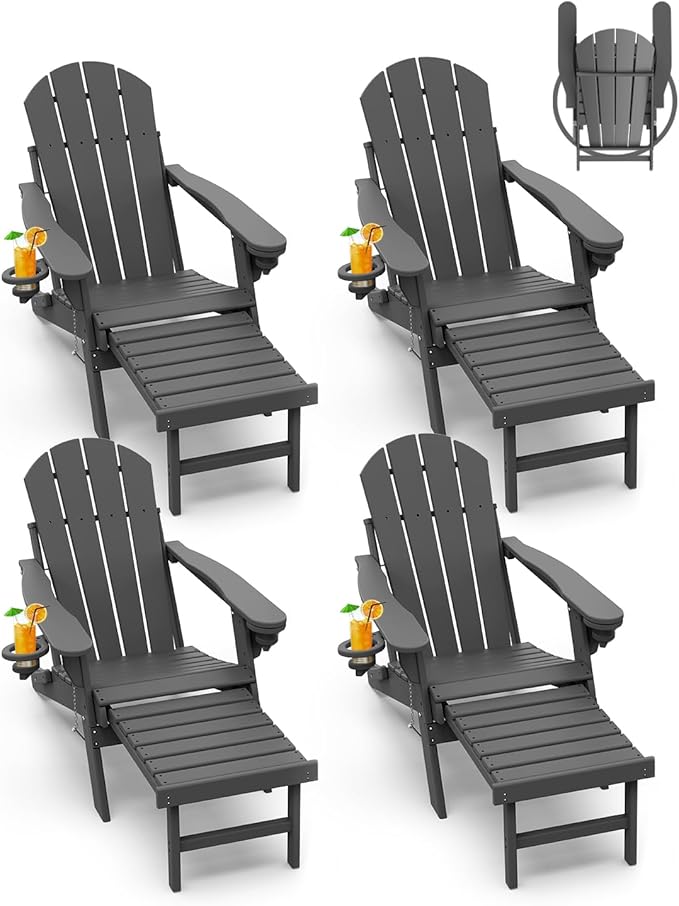 GREENVINES Adirondack-Chairs-with-Ottoman | Set of 4 | Folding | Retractable-Footrest | HDPE Plastic | All Weather Fire Pit Chair | Cup Holders | Grey | for Outdoor Poolside