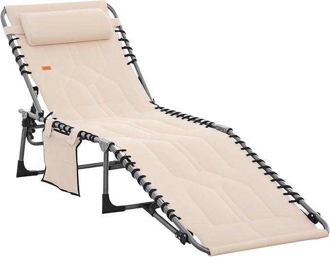 Outsunny Padded Folding Chaise Lounge Chair, Outdoor 6-Level Reclining Camping Tanning Chair with Headrest for Beach, Yard, Patio, Pool, Beige