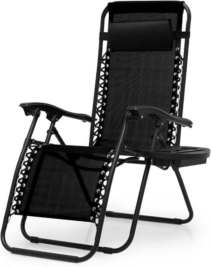 Zero Gravity Chairs, Portable Folding Reclining Lounge Chairs with Adjustable Pillow and Cup Holder Trays for Outdoor, Patio, Beach, Camping, Garden, Poolside, Black