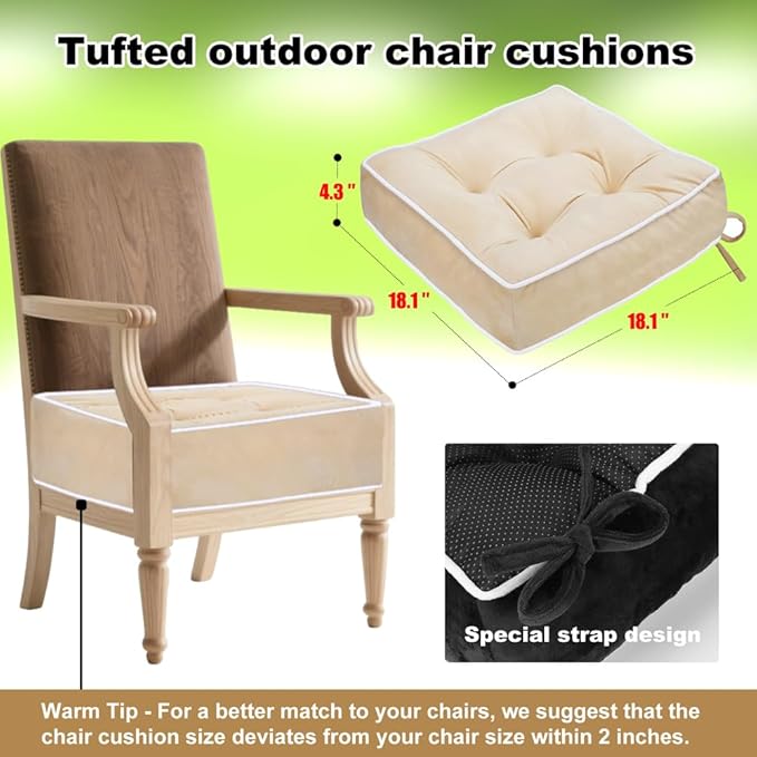ERWUDEling Outdoor Chair Cushions Set of 2, Tufted Outdoor Chair Cushions - Waterproof & Fade-Resistant with Secure Ties 17x17x5inch,Apricot