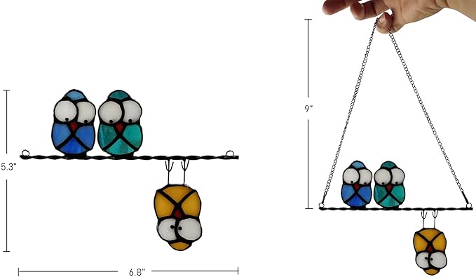Multicolor Owl on a Wire Stained Glass Window Hanging, Bird Suncatcher for Windows Panels Hangings Hummingbird Ornament Decoration for Wall Home Garden Decor Bird Gift for Owl Lovers