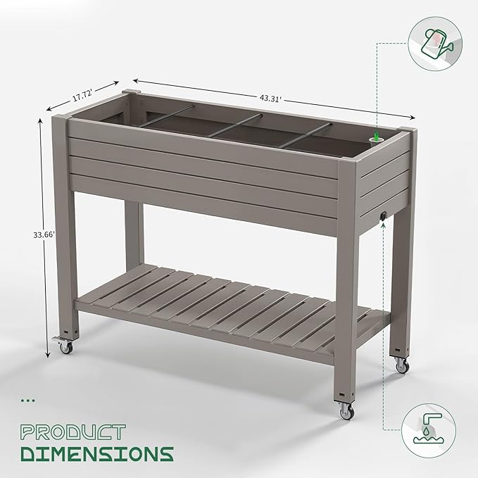 EasyUp 21 Gallon Raised Garden Bed with Legs and Wheels, Raised Planter Box with Drainage Plug and Gauge, Lower Shelf for Tools and Accessories, Dust-Proof Resin for Patio and Backyard(Light Brown)