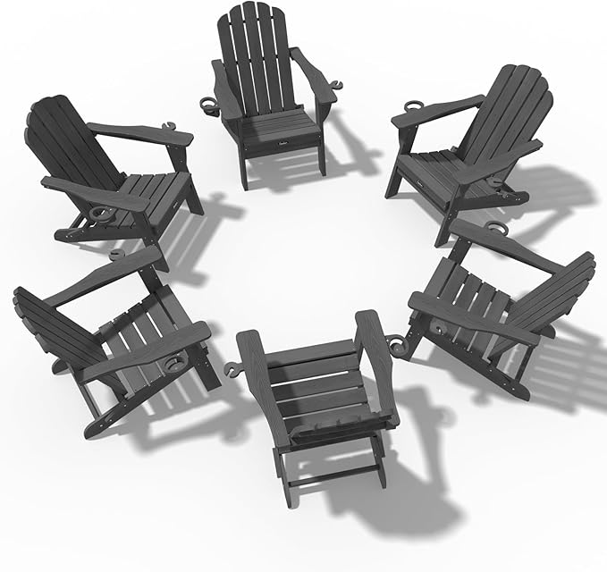Adirondack Chairs Set of 6, HDPE Material Fire Pit Chairs, Plastic Adirondack Chairs with 2 Cup Holder, Outdoor Lawn Chair for Patio Garden,Grey