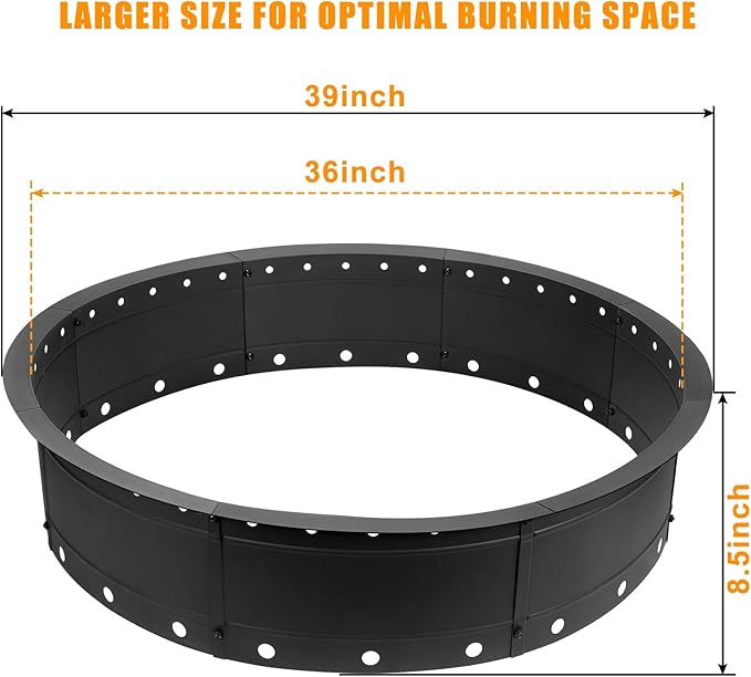 36 Inch Fire Pit Ring, Large Outdoor Campfire Pit for Patio Backyard Garden, Smokeless Steel Firepit with Air Vent for Efficient Burning & Anti-Rust Coating, Black Steel