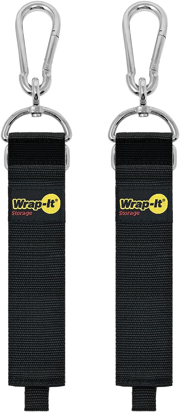 Hook 'n Hang Wrap-It Storage Straps - 24" (2-Pack) Black - Carabiner Straps for Cord Storage or Garden Hose Holder
